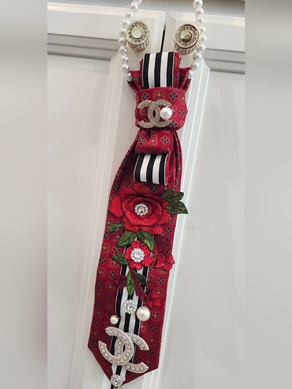 Designer-Style Red Floral Embellished Statement Tie
